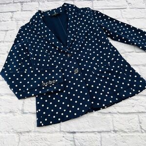 Talbots Petites Navy Blue White Polka Dot Knit Blazer Jacket SP Business Casual